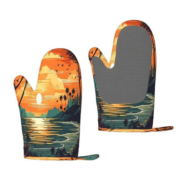 Hirioo Tropical Sunset Paradise for Silicone Oven Mitts for BBQ, Baking, Cooking, Set of 2, Heat Resistant 260, Non-Slip Kitchen Essentials