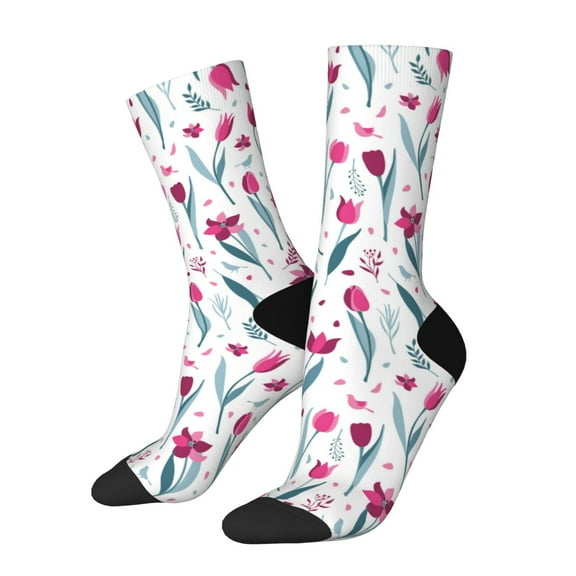 Hirioo Tulips Flowers Pattern Adult Middle Tube Socks Breathable Sock Non-Pilling,Contrasting Color Design