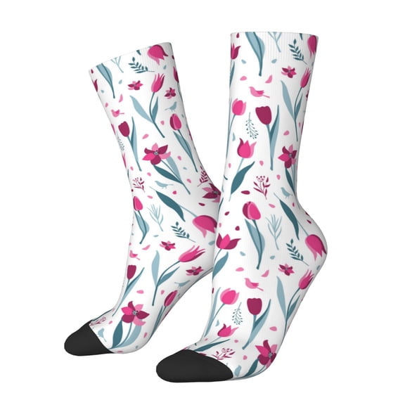 Hirioo Tulips Flowers Pattern Adult Middle Tube Socks Breathable Sock Non-Pilling,Contrasting Color Design
