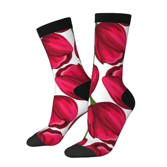 Hirioo Tulips Flowers Pattern Adult Middle Tube Socks Breathable Sock Non-Pilling,Contrasting Color Design