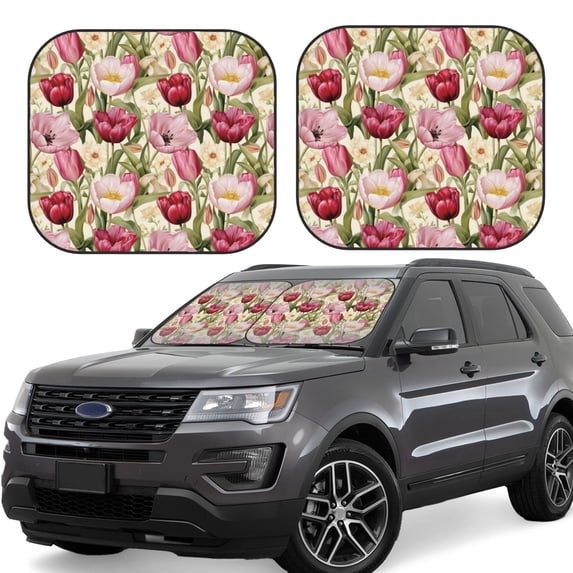 Hirioo Tulips Flowers for 2PCS Windshield Sun Shade Foldable | Front Windshield Shade for Sun, Heat and UV Rays-Small