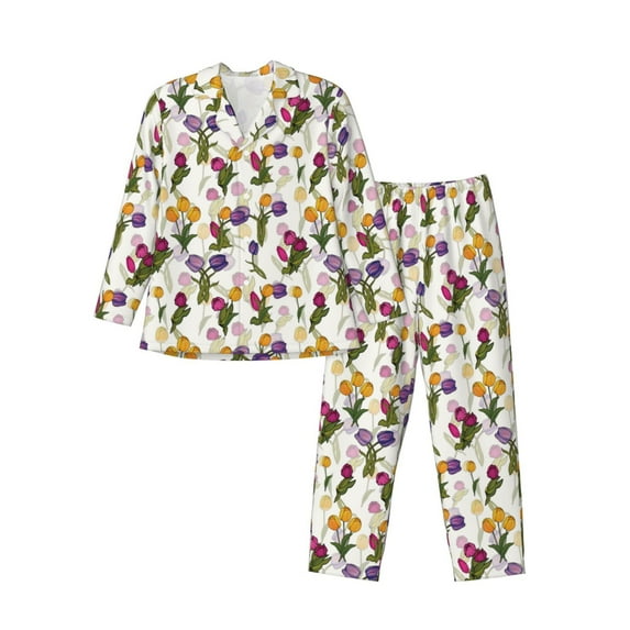 Hirioo Tulips Flowers for Men's Pajama Sets 2 Piece Pjs Men's Long-Sleeved Pajama Set Button Down Sleepwear,S-XXL-Large
