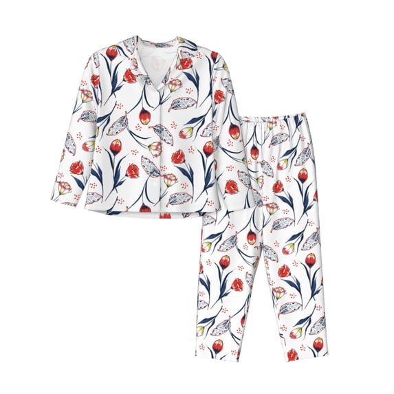 Hirioo Tulips Flowers for Women's Pajama Sets 2 Piece Pjs Women's Long-Sleeved Pajama Set Button Down Sleepwear,S-XXL-Large