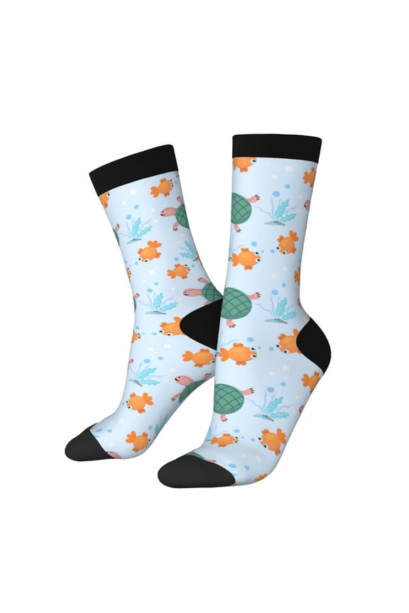 Turtles And Goldfish Pattern Adult Middle Tube Socks Breathable Sock Non-Pilling,Contrasting Color Design