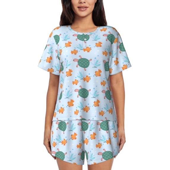 Hirioo Turtles And Goldfish for Women's 2 Piece Short-Sleeved Pajama PJ Sets for Women Shorts with Pockets Womens Lounge Set-3X-Large
