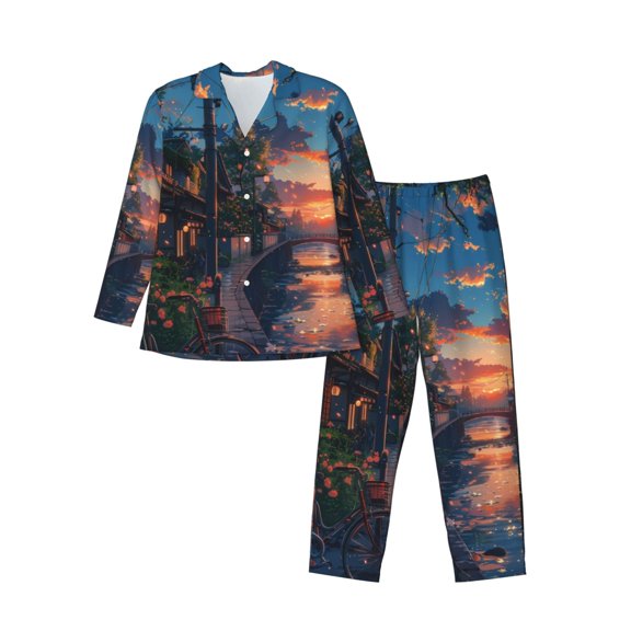 Hirioo Twilight Canal Reflection for Men's Pajama Sets 2 Piece Pjs Men's Long-Sleeved Pajama Set Button Down Sleepwear,S-XXL-XX-Large