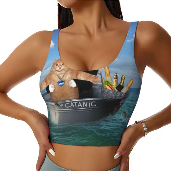 Hirioo Two Brave Cats Are Floating On The Sea Iceberg for Women's Sports Vest with Full-Print Design, Stretchy Fabric and Removable Pads-Medium