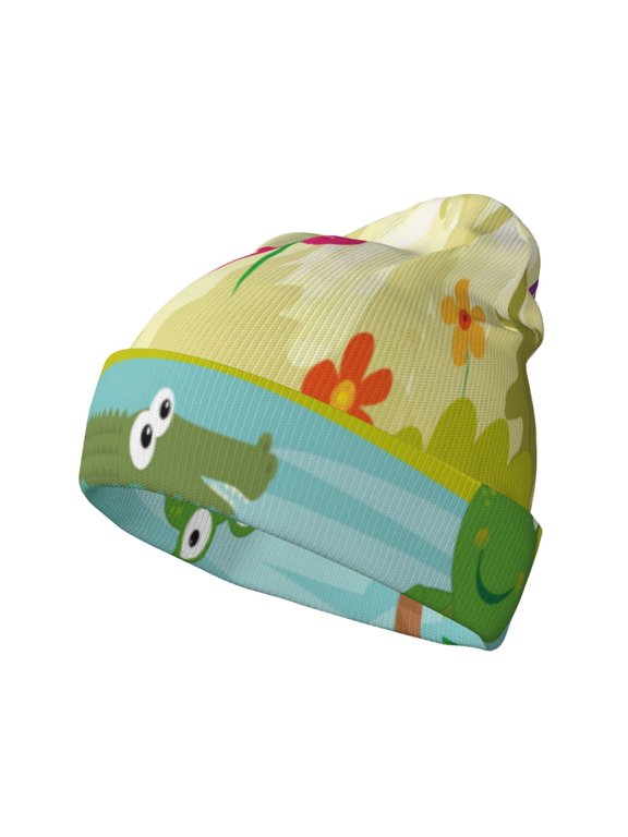 Two Frogs Are Sitting On Water Lilies for Men's Knit Cuffed Beanie for Outdoor Activities Unisex