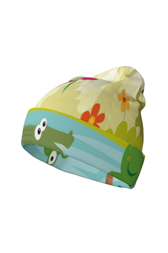 Two Frogs Are Sitting On Water Lilies for Men's Knit Cuffed Beanie for Outdoor Activities Unisex