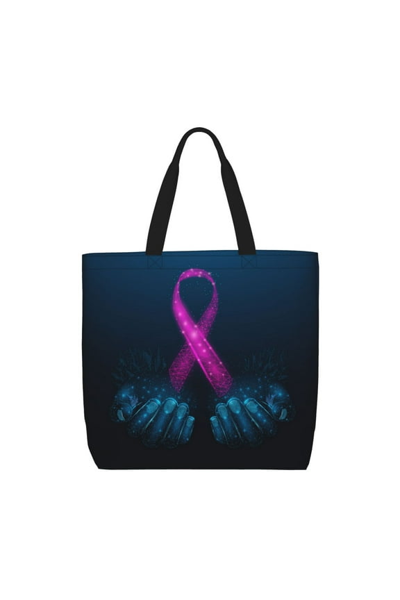 Two Human Hands are Holds Pink Ribbon Awareness for Tote Bag for Women, Quilted Shoulder Bag with Zipper, Large Capacity Handbags for Casual, Travel, Work