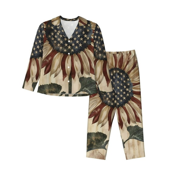 Hirioo USA Sunflower Flag for Women's Pajama Sets 2 Piece Pjs Women's Long-Sleeved Pajama Set Button Down Sleepwear,S-XXL-XX-Large
