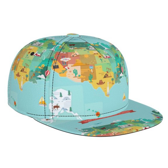 Hirioo USA Tourist Map for Baseball Cap Men Cap Flat Brim for Men Women Teens Adjustable Baseball Cap