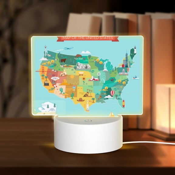 Hirioo USA Tourist Map for Rectangular Acrylic with Night Light Best Gifts for Lover Girl Mom, Valentine's Day Anniversary Birthday Wedding Present