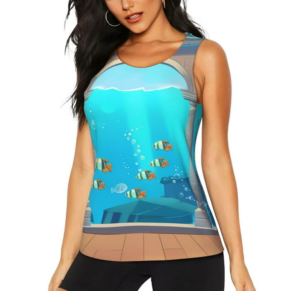 Hirioo Underwater Aquarium Arches for Women's Workout Tank Top Sleeveless Workout Tops Athletic Gym Shirts-Medium