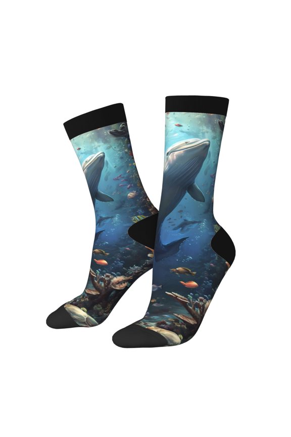 Underwater Dolphin Pattern Adult Middle Tube Socks Breathable Sock Non-Pilling,Contrasting Color Design