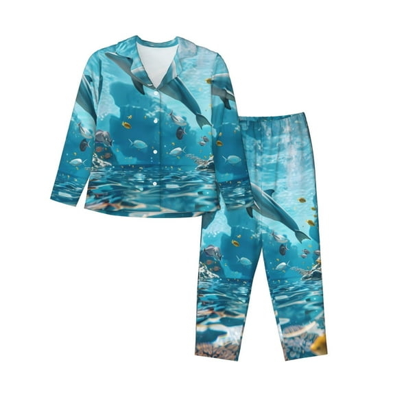 Hirioo Underwater Dolphin Scene for Women's Pajama Sets 2 Piece Pjs Women's Long-Sleeved Pajama Set Button Down Sleepwear,S-XXL-X-Large