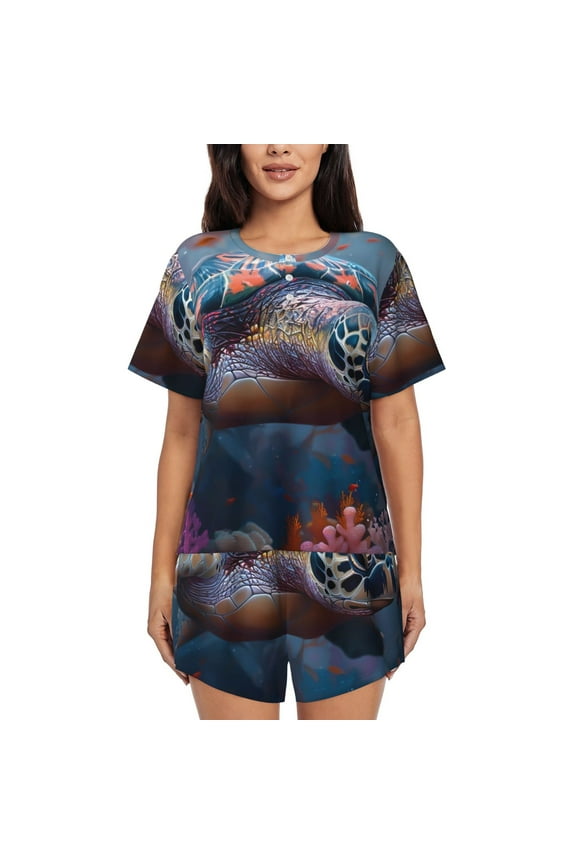Underwater Lazy Turtle for Women's 2 Piece Short-Sleeved Pajama PJ Sets for Women Shorts with Pockets Womens Lounge Set-Large