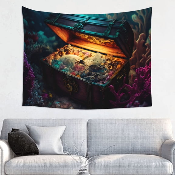 Hirioo Underwater Treasure Chest Print Tapestry Lightweight Fabric for Bedroom Aesthetic Home Wall Dorm Dcor Living Room Decor 29x37 Inch