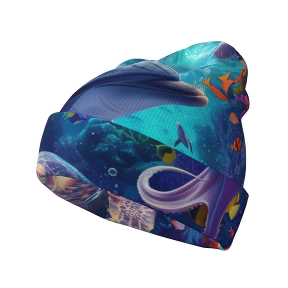 Hirioo Underwater Turtle Dolphin Octopus for Men's Knit Cuffed Beanie for Outdoor Activities Unisex