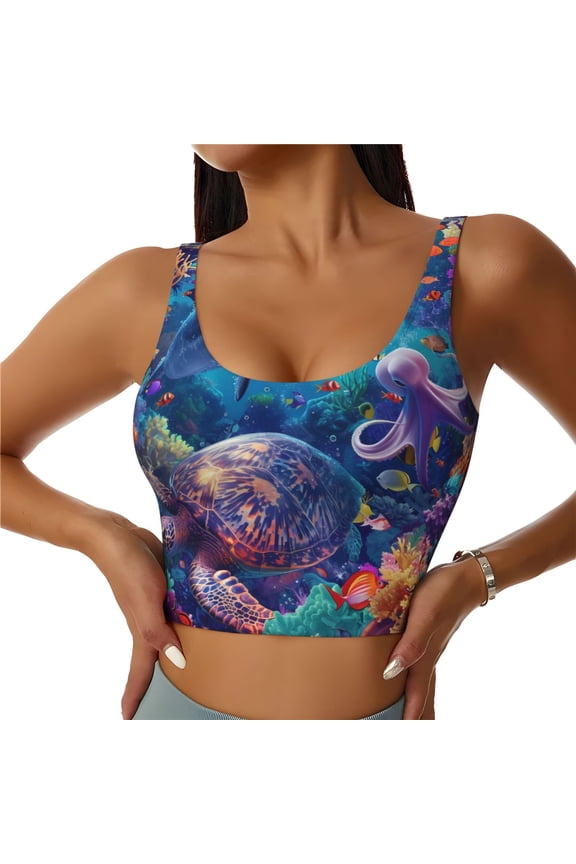 Underwater Turtle Dolphin Octopus for Women's Sports Vest with Full-Print Design, Stretchy Fabric and Removable Pads-X-Large