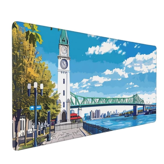 Hirioo Urban Riverside Clock Tower for Mouse Pad ,Anti-Slip Base, Durable Stitched Edges, Perfect for Gaming, Office, and Home Use,16x35.5in