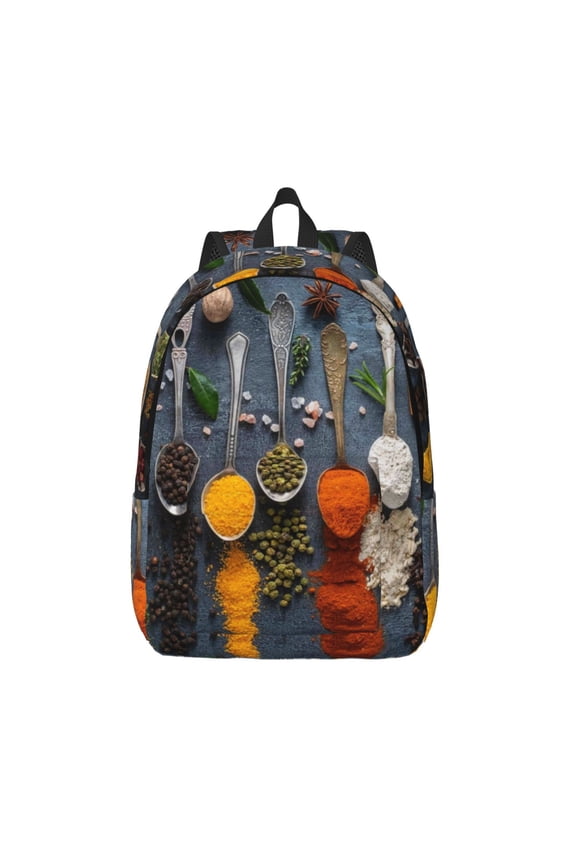 Various Herbs And Spices In Spoons Canvas Backpack, Durable Travel Backpack with Multiple Compartments,Large Capacity, Backpack for School, Hiking, Work