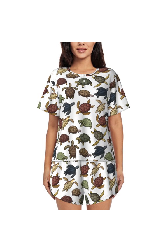 Various Turtle for Women's 2 Piece Short-Sleeved Pajama PJ Sets for Women Shorts with Pockets Womens Lounge Set-Large