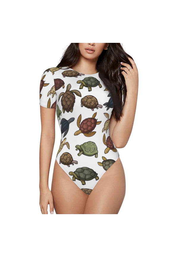 Various Turtle for Women's Round Neck Short-sleeved Onesie Basic Bodysuits-XX-Large