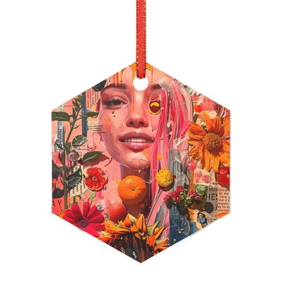 Hirioo Vibrant Floral Collage Portrait for Acrylic Christmas Pendant Hanging Christmas Tree Ornaments, Car, Home, Office Gift Decor-Hexagon