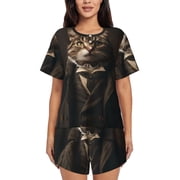 Hirioo Victorian Gentle Cat for Womens 2 Piece Short-Sleeved Pajama PJ Sets for Women Shorts with Pockets Womens Lounge Set-XX-Large
