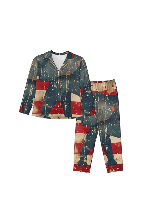 Vintage American Flag Elephant for Women's Pajama Sets 2 Piece Pjs Women's Long-Sleeved Pajama Set Button Down Sleepwear,S-XXL-Medium