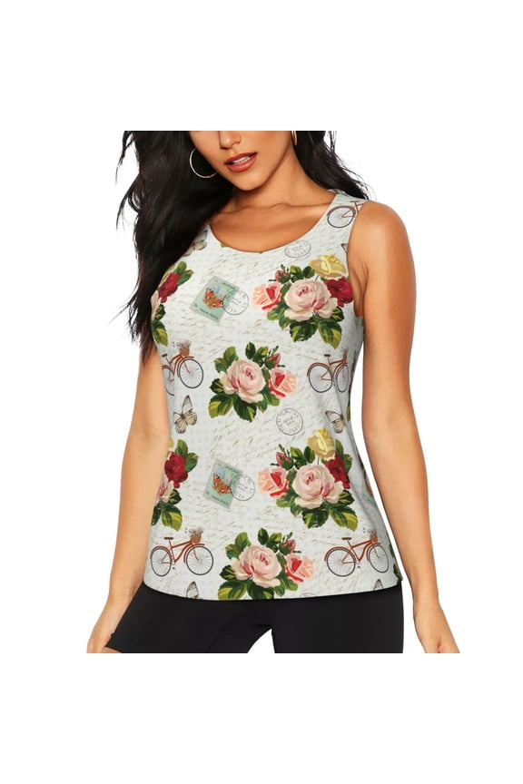 Vintage Bike Flower Butterfly for Women's Workout Tank Top Sleeveless Workout Tops Athletic Gym Shirts-X-Large