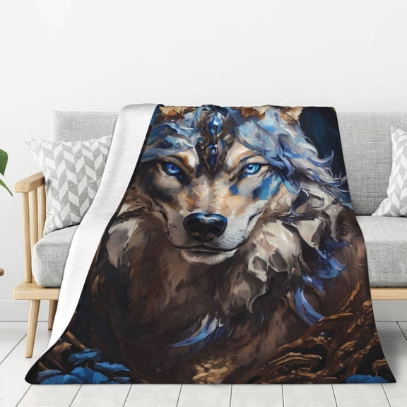 Hirioo Vintage Blue Floral Wolf for Flannel Blanket, Cozy and Warm Throw for Bed or Couch ,Perfect for All Seasons-80"x60"