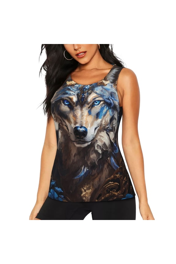 Vintage Blue Floral Wolf for Women's Workout Tank Top Sleeveless Workout Tops Athletic Gym Shirts-Medium
