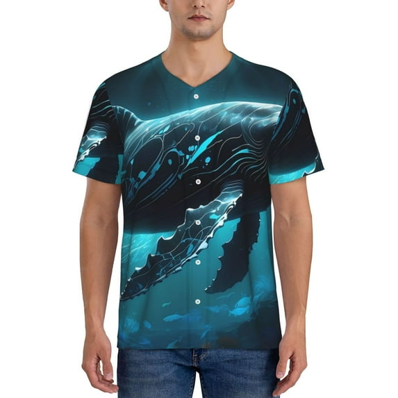 Hirioo Vintage Blue Pattern Whale for Men's Baseball T-shirt Shirts Short Sleeve Casual Summer Button Stretch T Shirts,Size S-4XL-3X-Large