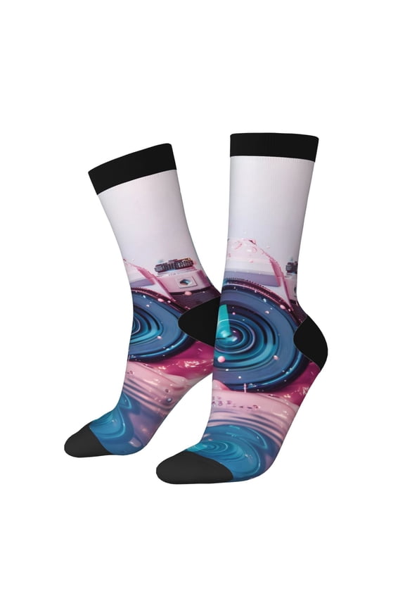 Vintage Camera Splash Art Pattern Adult Middle Tube Socks Breathable Sock Non-Pilling,Contrasting Color Design