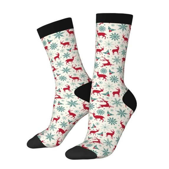 Hirioo Vintage Christmas Reindeer Pattern Adult Middle Tube Socks Breathable Sock Non-Pilling,Contrasting Color Design