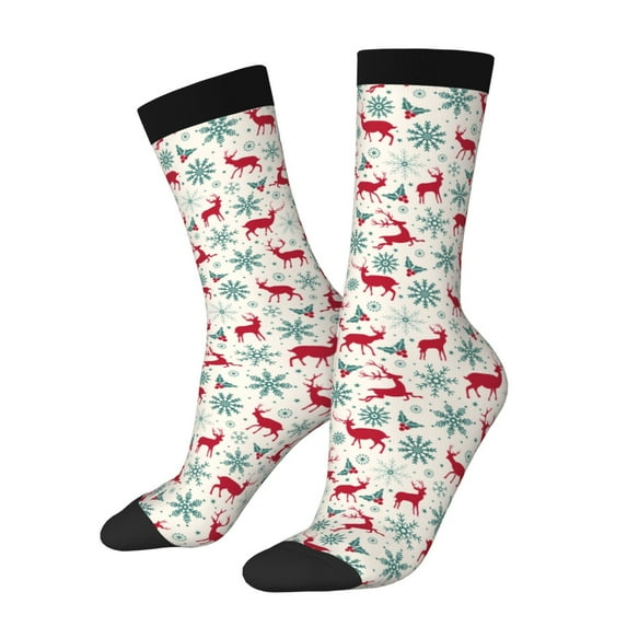Hirioo Vintage Christmas Reindeer Pattern Adult Middle Tube Socks Breathable Sock Non-Pilling,Contrasting Color Design