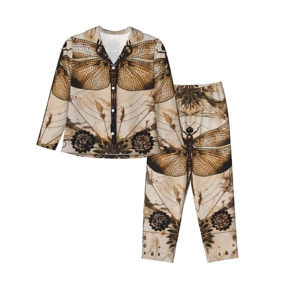 Hirioo Vintage Dragonfly Artwork for Women's Pajama Sets 2 Piece Pjs Women's Long-Sleeved Pajama Set Button Down Sleepwear,S-XXL-