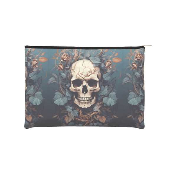 Hirioo Vintage Leaf Flower Skull for Paper Reusable Cosmetic Bag Zipper Encouragement Travel Pouch Toiletry Bag for Women Girls