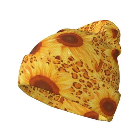 Hirioo Vintage Leopard Print Sunflower for Men's Knit Cuffed Beanie for Outdoor Activities Unisex