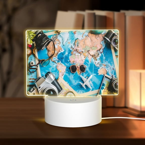 Hirioo Vintage Map Travel Essentials for Rectangular Acrylic with Night Light Best Gifts for Lover Girl Mom, Valentine's Day Anniversary Birthday Wedding Present
