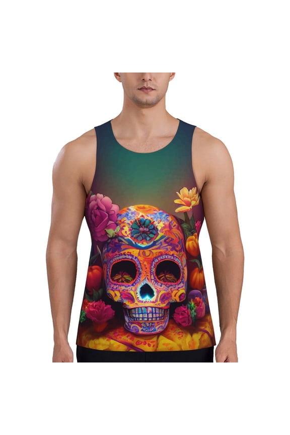 Vintage Patterned Skull for Men's Workout Tank Top Sleeveless Shirts Quick Dry for Men-XX-Large