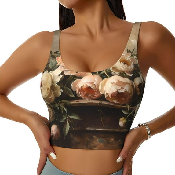 Hirioo Vintage Peonies Rustic Charm for Women's Sports Vest with Full-Print Design, Stretchy Fabric and Removable Pads-X-Large