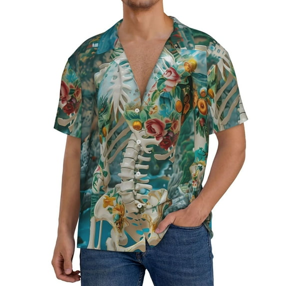 Hirioo Vintage Print Island Skull for Men's Cuban Collar Short Sleeve Shirt Button Down Shirt Beach Summer Shirts Wedding Vacation Shirts-4X-Large
