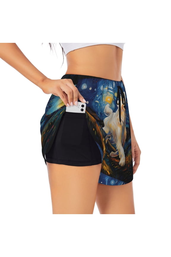 Vintage Starry Sky Labrador for Women's Double Layer Athletic Shorts High-Performance Gym Shorts with Inner Pocket, Elastic Waistband-Medium