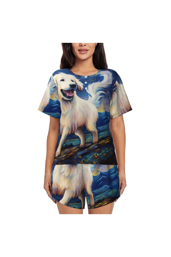 Vintage Starry Sky Puppy for Women's 2 Piece Short-Sleeved Pajama PJ Sets for Women Shorts with Pockets Womens Lounge Set-Large