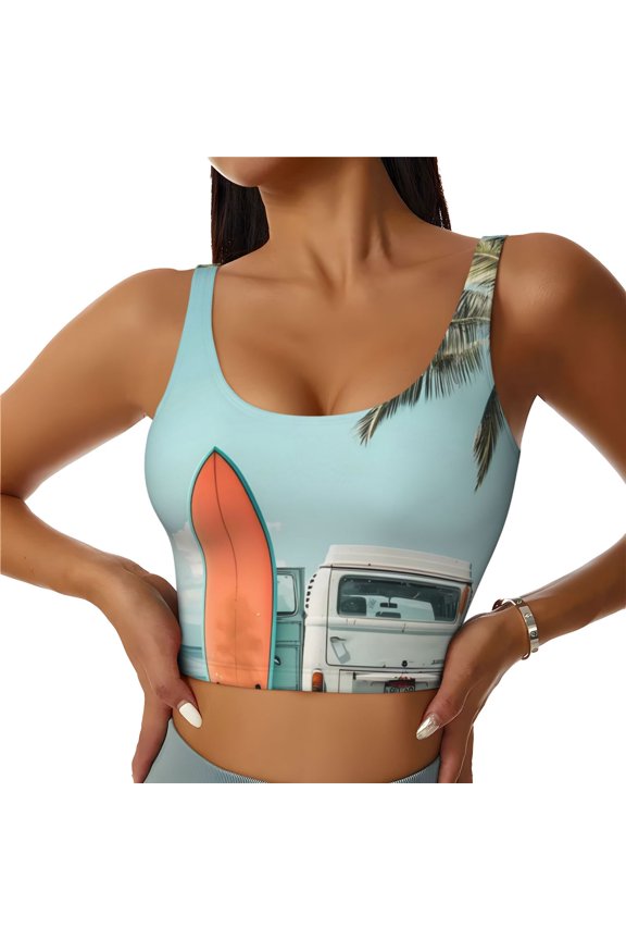 Vintage Surf Van Beach for Women's Sports Vest with Full-Print Design, Stretchy Fabric and Removable Pads-Medium