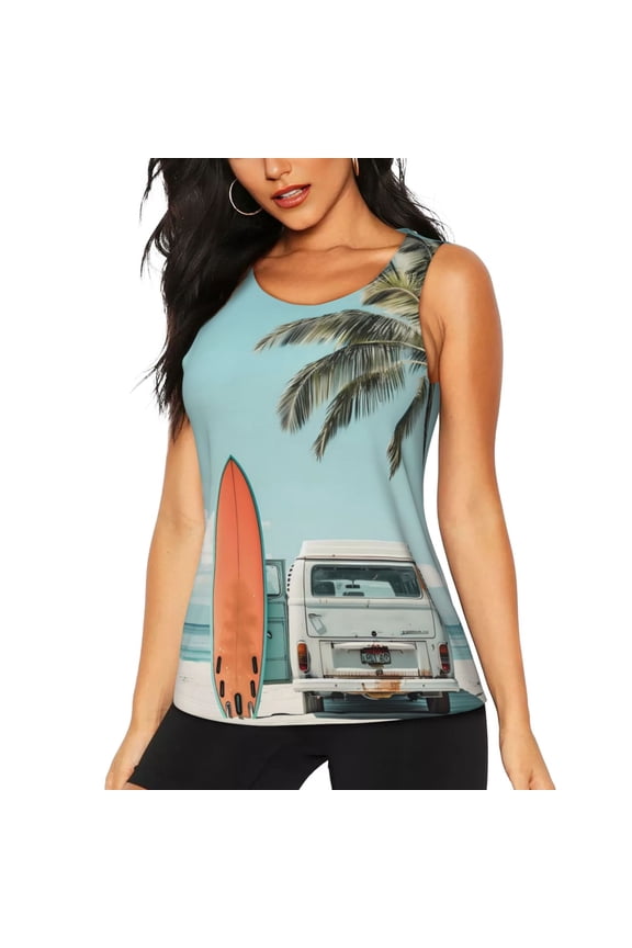 Vintage Surf Van Beach for Women's Workout Tank Top Sleeveless Workout Tops Athletic Gym Shirts-Small