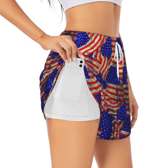 Hirioo Vintage USA Flag for Women's Double Layer Athletic Shorts High-Performance Gym Shorts with Inner Pocket, Elastic Waistband-XX-Large